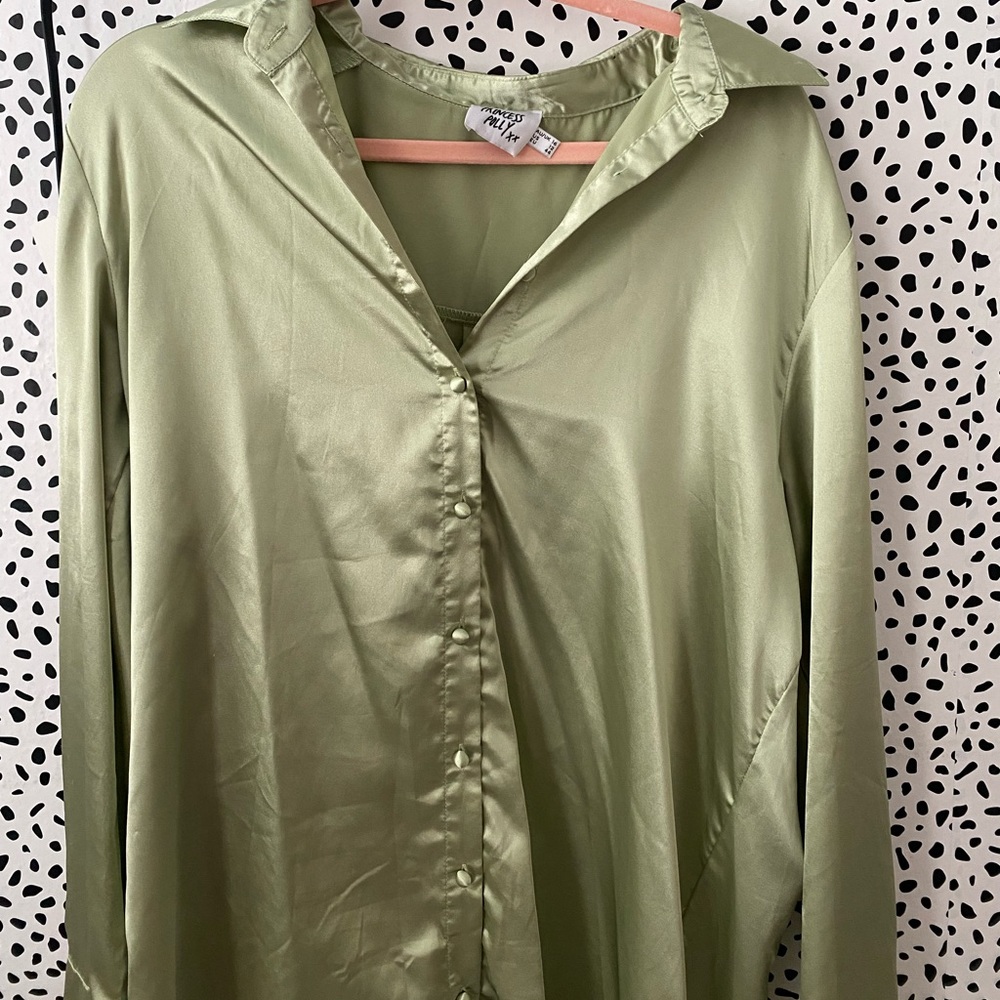 90210 Satin Shirt Mini Dress Sage